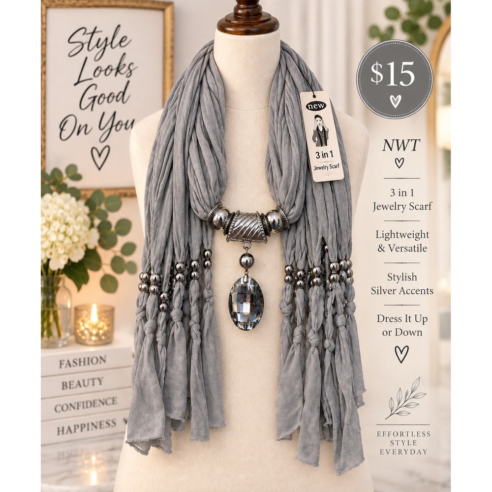 C.C Exclusives 3 in 1 Jewelry Scarf Grey Silver Tone Crystal Pendant NWT